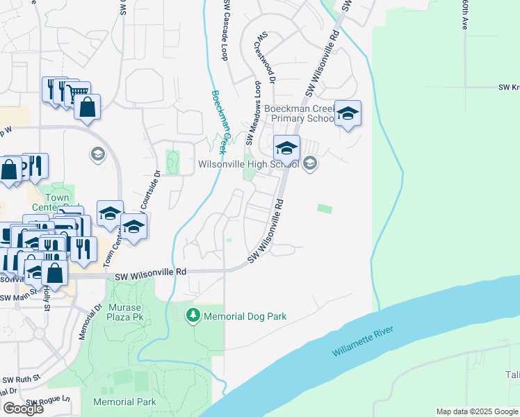 map of restaurants, bars, coffee shops, grocery stores, and more near 6809 Southwest Wilsonville Road in Wilsonville