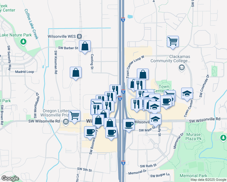 map of restaurants, bars, coffee shops, grocery stores, and more near 29757 Southwest Boones Ferry Road in Wilsonville