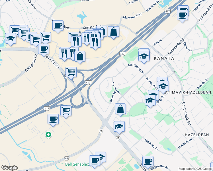 map of restaurants, bars, coffee shops, grocery stores, and more near 14 Conant Place in Ottawa