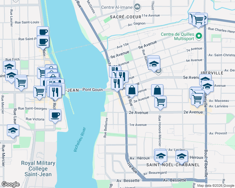 map of restaurants, bars, coffee shops, grocery stores, and more near 665 1re Rue in Saint-Jean-sur-Richelieu