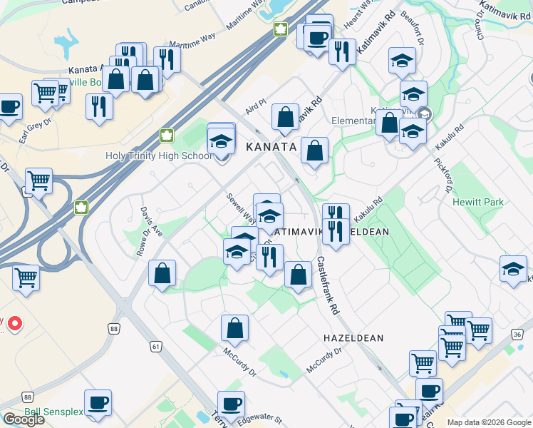 map of restaurants, bars, coffee shops, grocery stores, and more near 48 McCurdy Drive in Ottawa