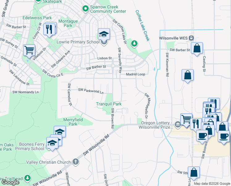 map of restaurants, bars, coffee shops, grocery stores, and more near 29585 Southwest Serenity Way in Wilsonville