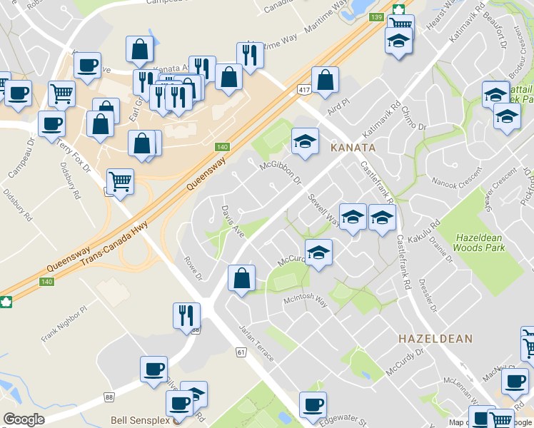 map of restaurants, bars, coffee shops, grocery stores, and more near 1 Peterson Place in Ottawa