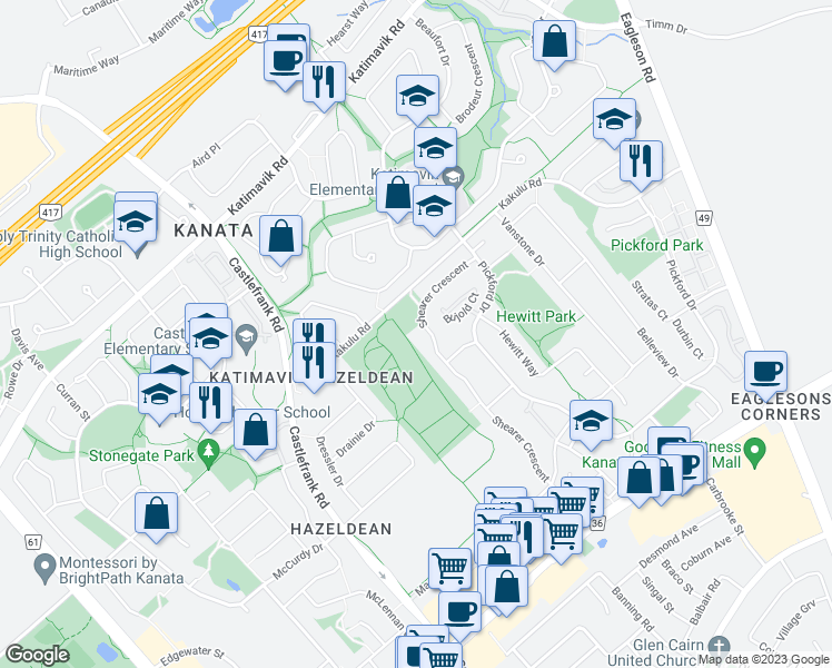 map of restaurants, bars, coffee shops, grocery stores, and more near 58 Shearer Crescent in Ottawa