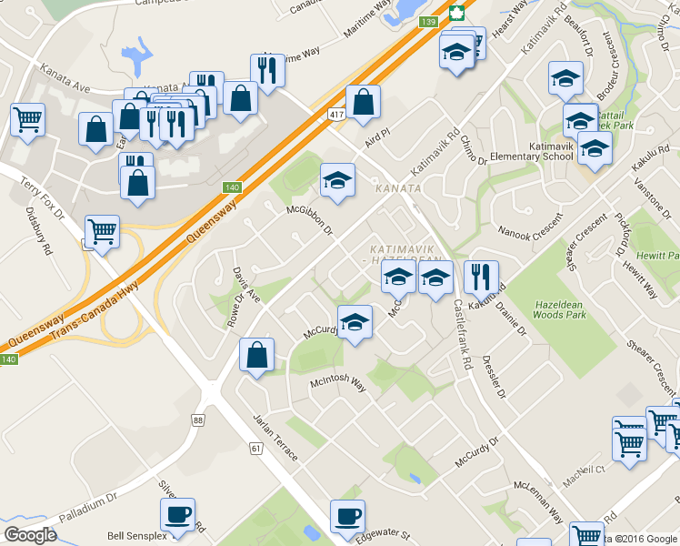 map of restaurants, bars, coffee shops, grocery stores, and more near 11 Haywood Crescent in Ottawa