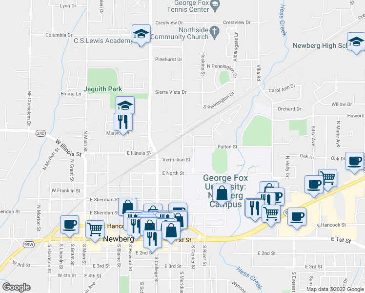 map of restaurants, bars, coffee shops, grocery stores, and more near N Meridian St & Fulton St in Newberg