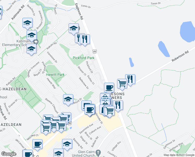 map of restaurants, bars, coffee shops, grocery stores, and more near 277 Pickford Drive in Ottawa