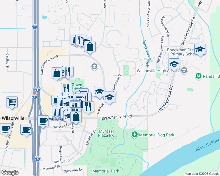 map of restaurants, bars, coffee shops, grocery stores, and more near 7945 SW Tennis Ct in Wilsonville