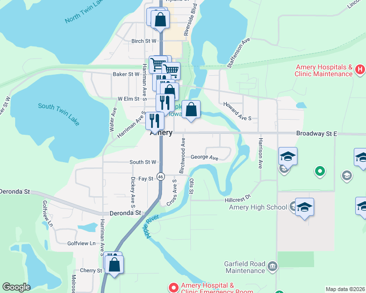 map of restaurants, bars, coffee shops, grocery stores, and more near 421 Birchwood Avenue in Amery