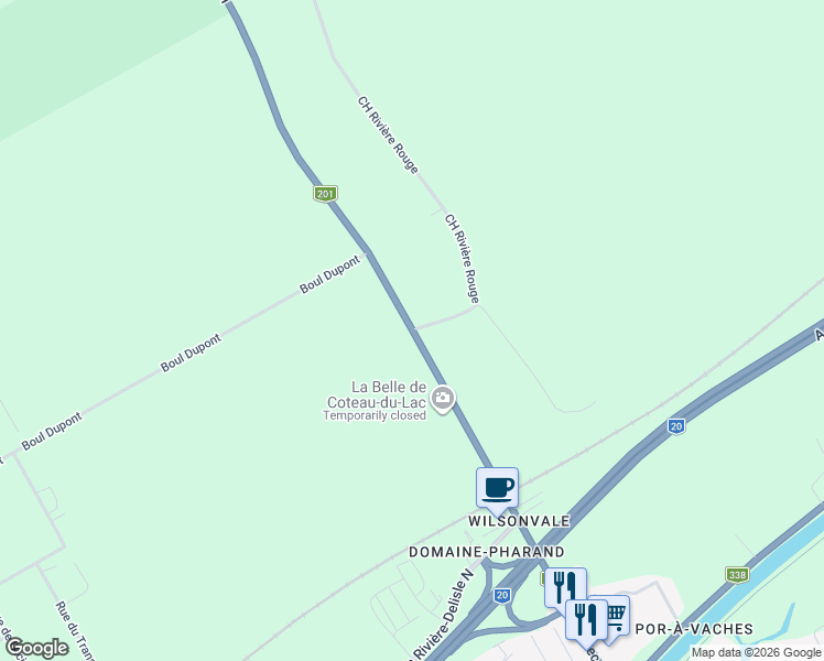 map of restaurants, bars, coffee shops, grocery stores, and more near 91 Québec 201 in Coteau-du-Lac