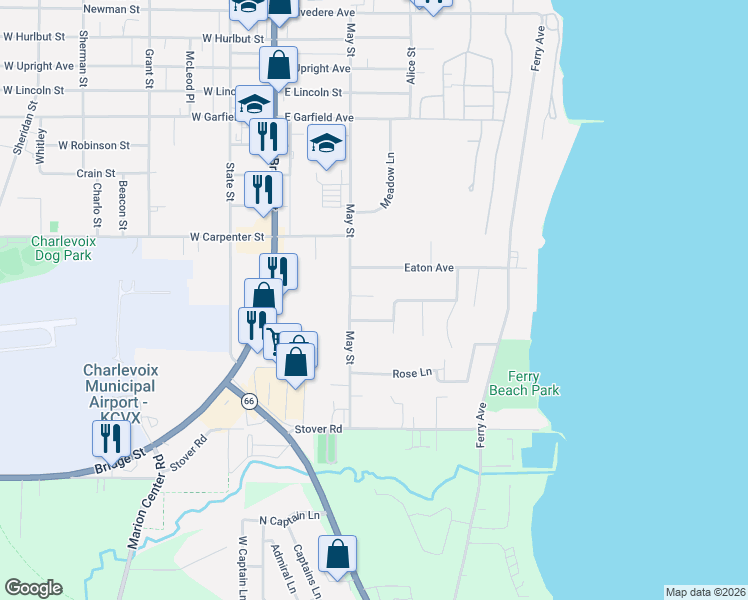 map of restaurants, bars, coffee shops, grocery stores, and more near 106-108 Hampton Road in Charlevoix