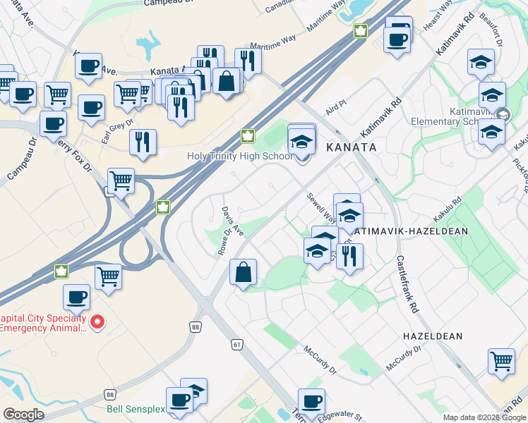 map of restaurants, bars, coffee shops, grocery stores, and more near 1 Peterson Place in Ottawa