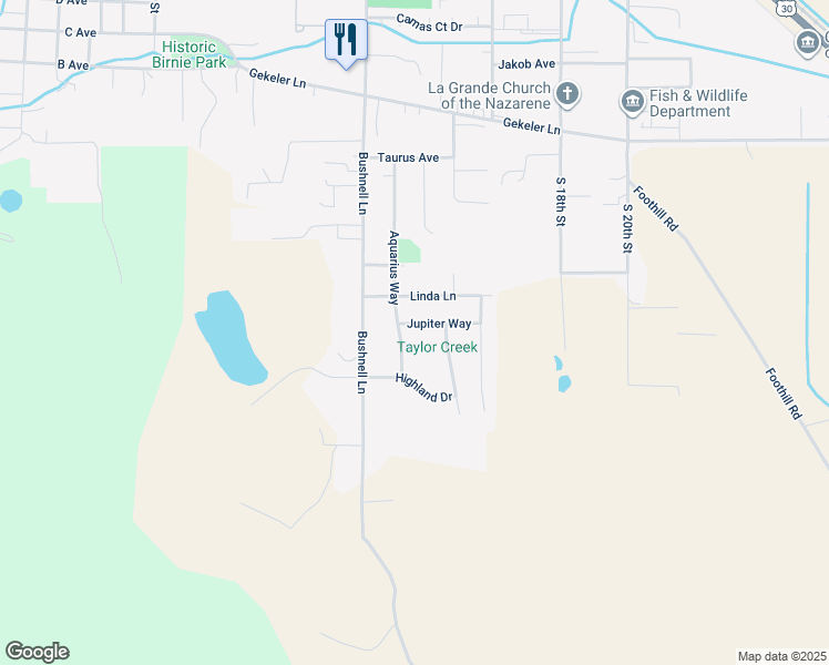 map of restaurants, bars, coffee shops, grocery stores, and more near 1906 Jupiter Way in La Grande