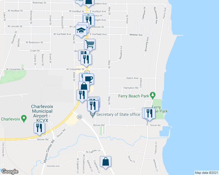 map of restaurants, bars, coffee shops, grocery stores, and more near 1002 May Street in Charlevoix