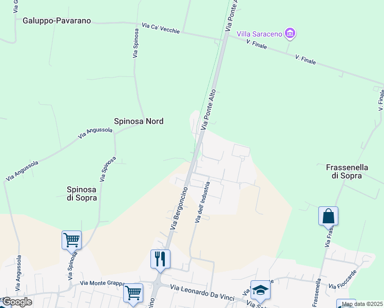 map of restaurants, bars, coffee shops, grocery stores, and more near 99 Via Bergoncino in Noventa Vicentina