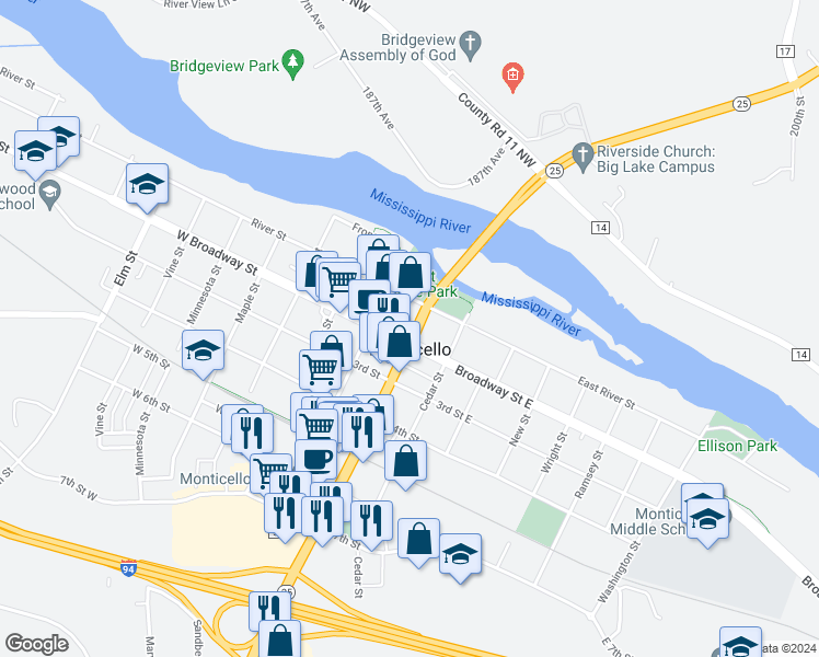 map of restaurants, bars, coffee shops, grocery stores, and more near in Monticello