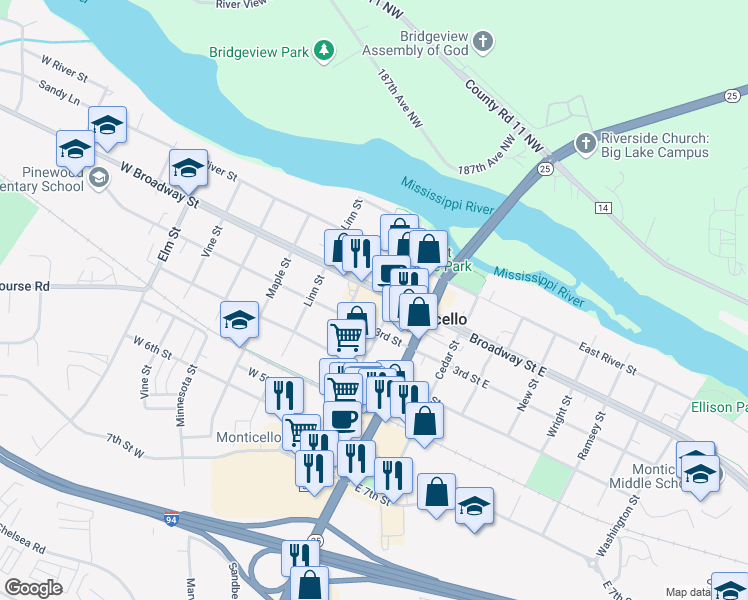 map of restaurants, bars, coffee shops, grocery stores, and more near 230 West Broadway Street in Monticello