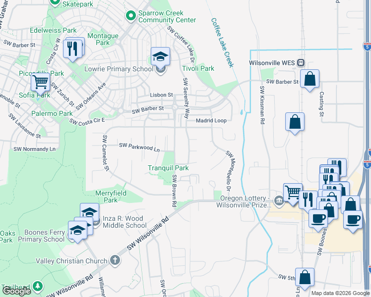 map of restaurants, bars, coffee shops, grocery stores, and more near 29561 Southwest Serenity Way in Wilsonville