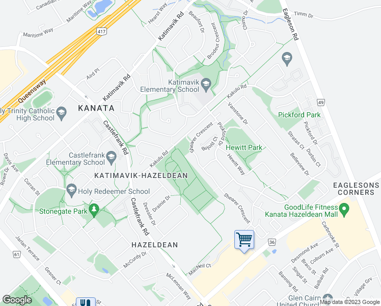 map of restaurants, bars, coffee shops, grocery stores, and more near 56 Shearer Crescent in Ottawa