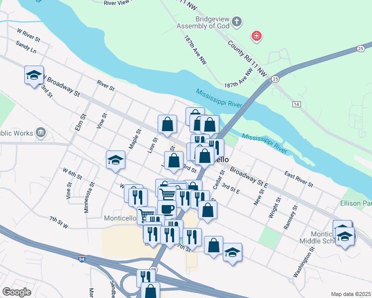 map of restaurants, bars, coffee shops, grocery stores, and more near 210 West Broadway Street in Monticello