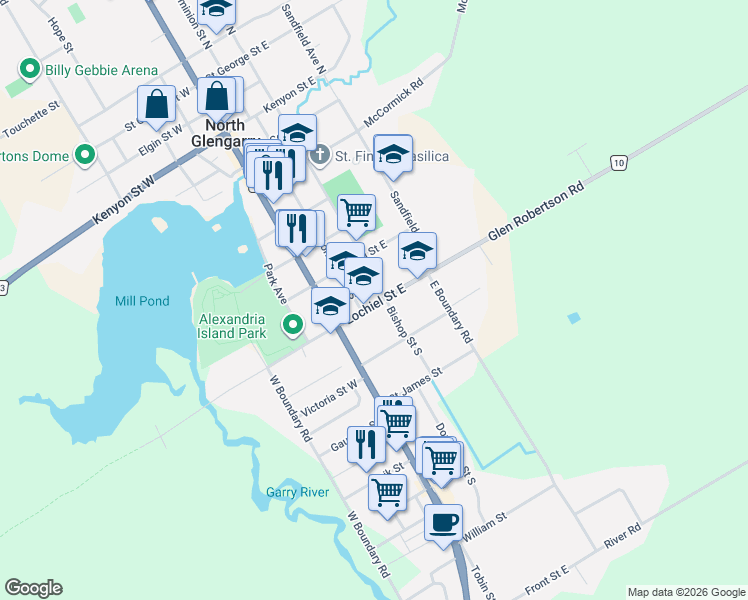 map of restaurants, bars, coffee shops, grocery stores, and more near 49 Lochiel Street East in North Glengarry