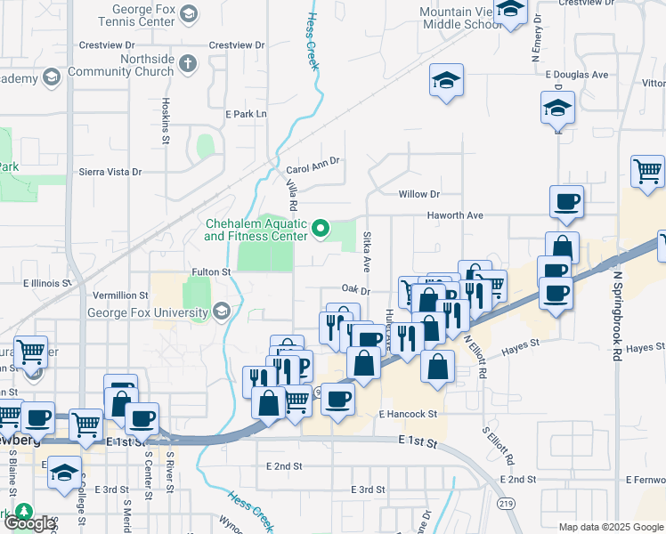 map of restaurants, bars, coffee shops, grocery stores, and more near 1900 Fulton Street in Newberg
