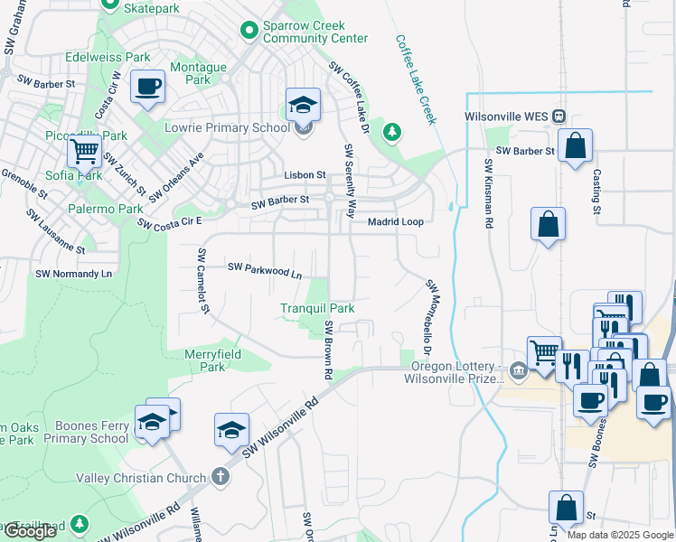 map of restaurants, bars, coffee shops, grocery stores, and more near 29560 Southwest Brown Road in Wilsonville