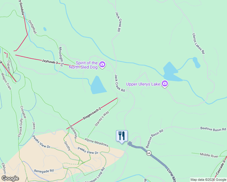 map of restaurants, bars, coffee shops, grocery stores, and more near Lakewood Drive in Big Sky