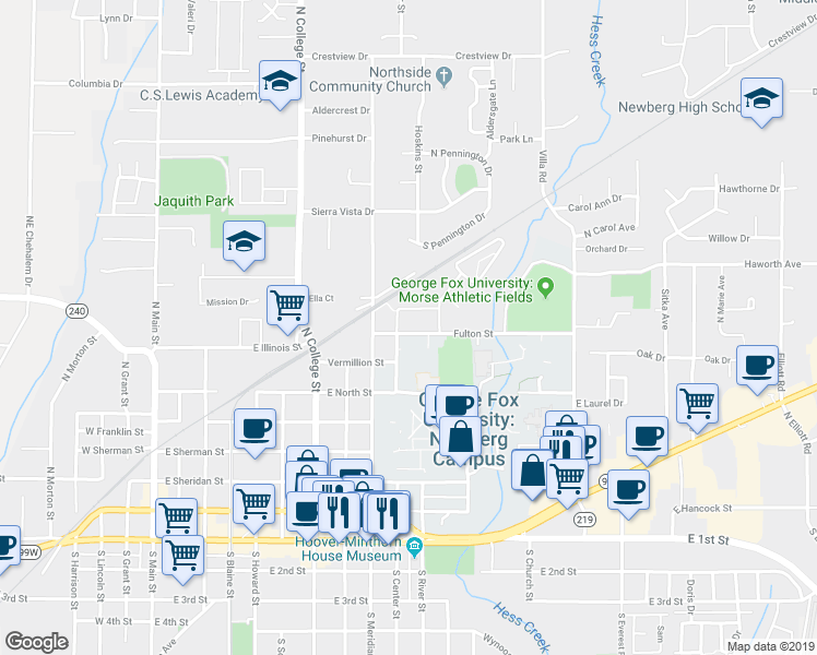 map of restaurants, bars, coffee shops, grocery stores, and more near 1101 Fulton Street in Newberg