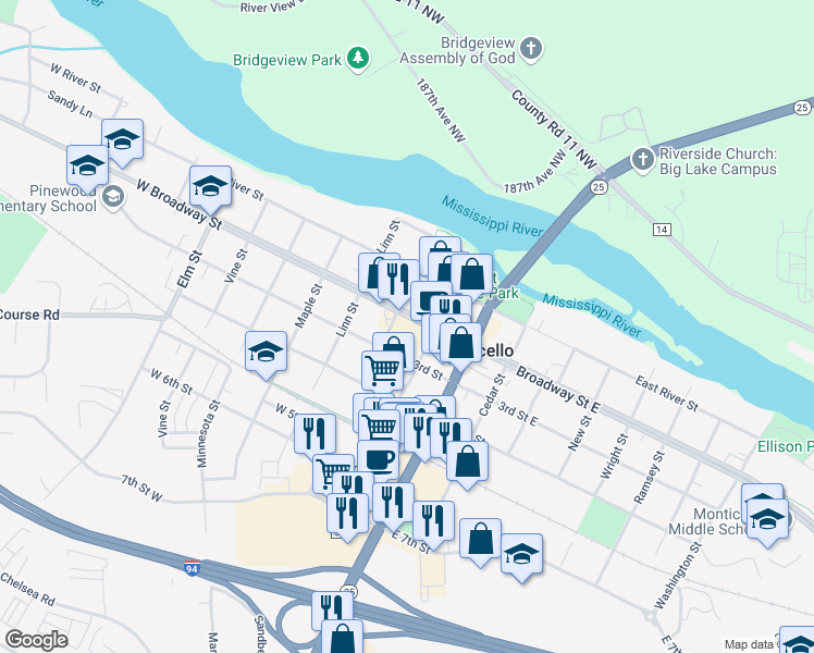 map of restaurants, bars, coffee shops, grocery stores, and more near 230 West Broadway Street in Monticello