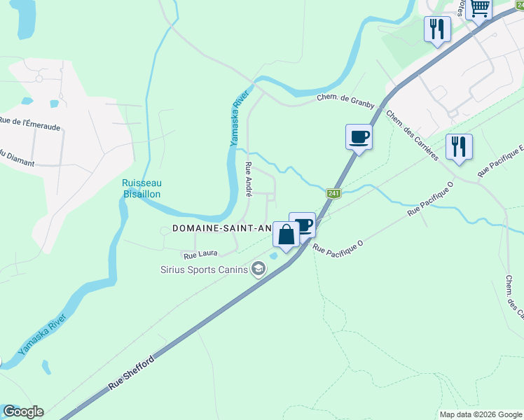 map of restaurants, bars, coffee shops, grocery stores, and more near Rue Huguette in Bromont