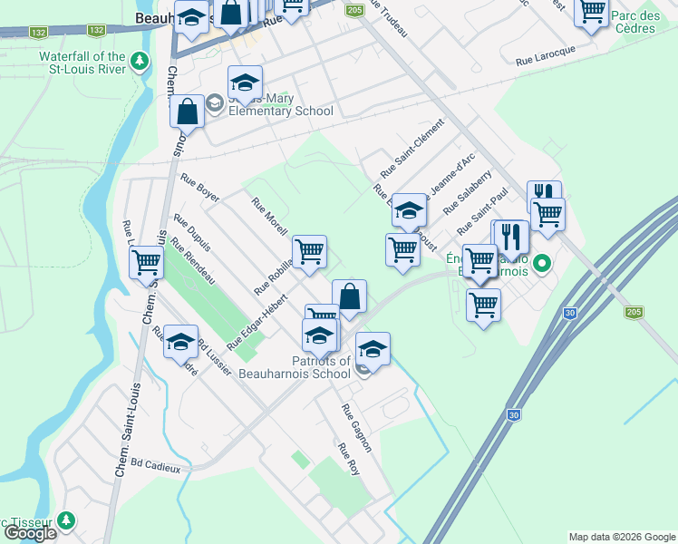 map of restaurants, bars, coffee shops, grocery stores, and more near 56 Rue Morell in Beauharnois
