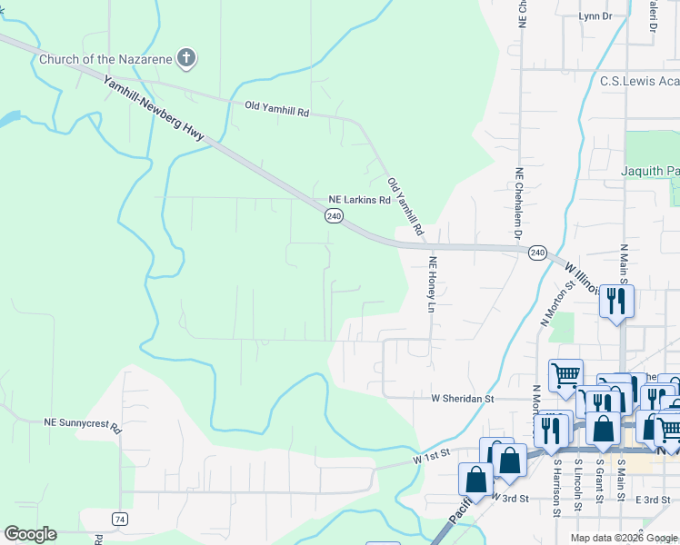map of restaurants, bars, coffee shops, grocery stores, and more near 23883 Northeast Dillon Road in Newberg