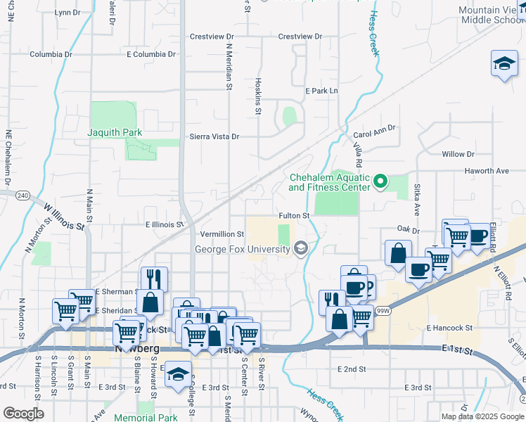 map of restaurants, bars, coffee shops, grocery stores, and more near 1101 Fulton Street in Newberg
