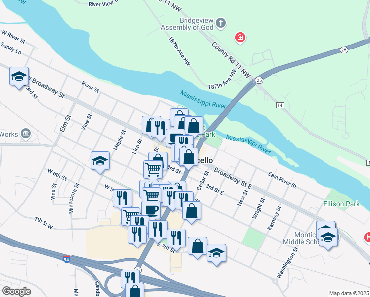map of restaurants, bars, coffee shops, grocery stores, and more near 121 West Broadway Street in Monticello