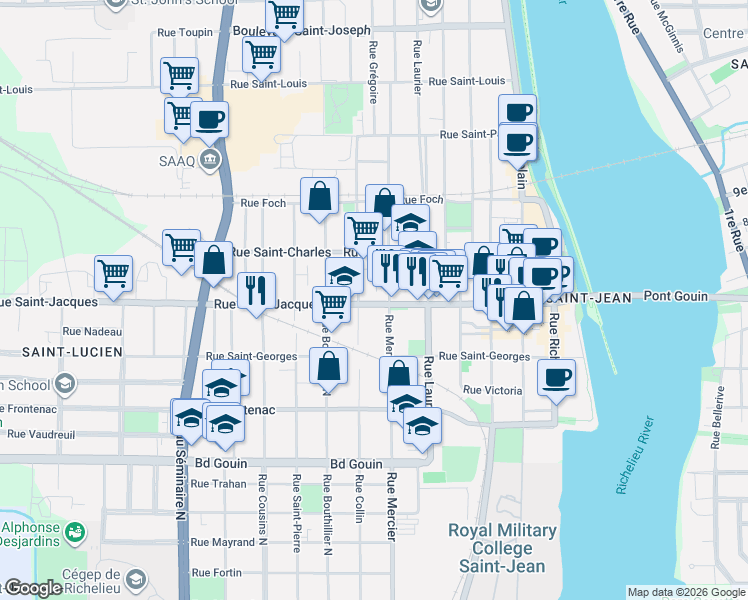 map of restaurants, bars, coffee shops, grocery stores, and more near 219 Rue Saint-Jacques in Saint-Jean-sur-Richelieu
