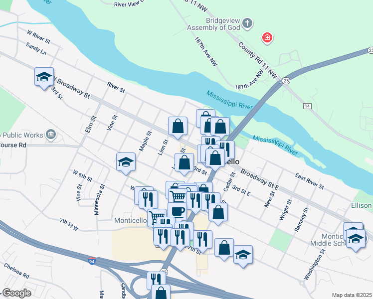 map of restaurants, bars, coffee shops, grocery stores, and more near 242 West Broadway Street in Monticello