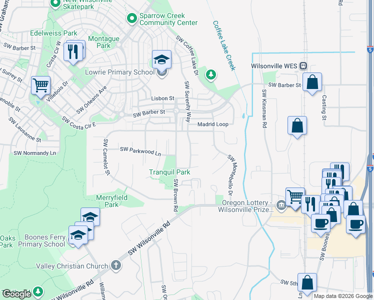 map of restaurants, bars, coffee shops, grocery stores, and more near 29557 Southwest Serenity Way in Wilsonville