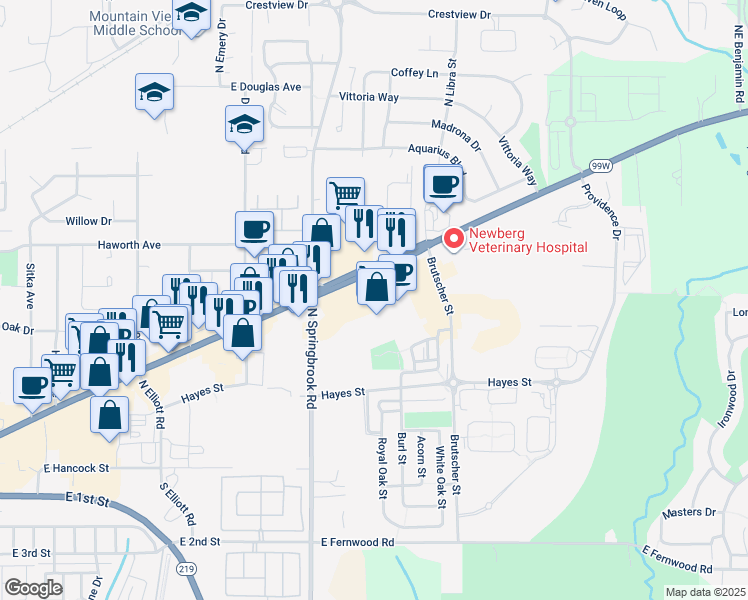 map of restaurants, bars, coffee shops, grocery stores, and more near 3300 Portland Road in Newberg