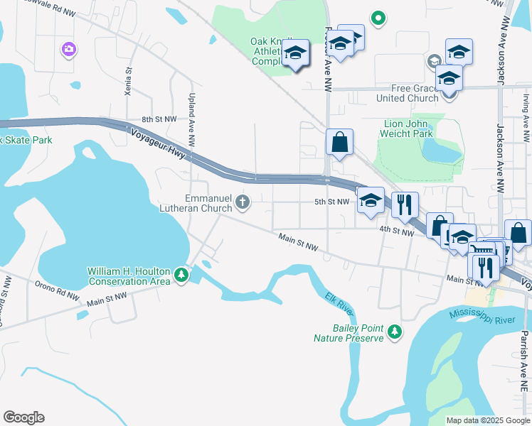 map of restaurants, bars, coffee shops, grocery stores, and more near 421 Rush Avenue Northwest in Elk River