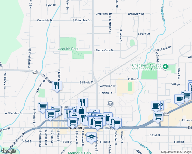map of restaurants, bars, coffee shops, grocery stores, and more near 730 North College Street in Newberg