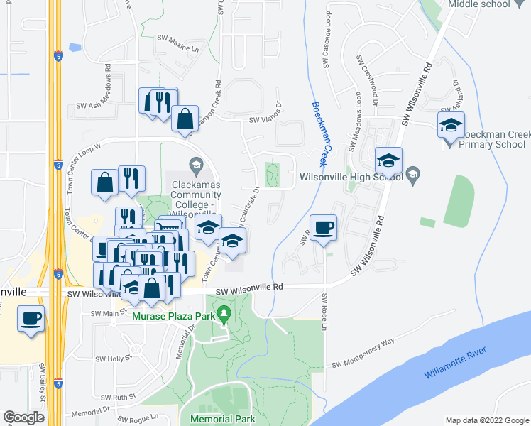 map of restaurants, bars, coffee shops, grocery stores, and more near 29570 Southwest Volley Street in Wilsonville