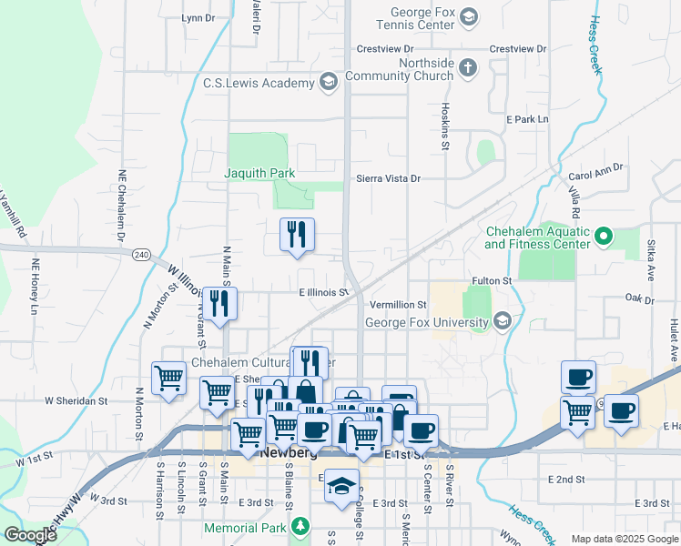 map of restaurants, bars, coffee shops, grocery stores, and more near 730 North College Street in Newberg