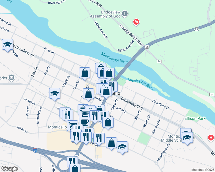 map of restaurants, bars, coffee shops, grocery stores, and more near 121 West Broadway Street in Monticello