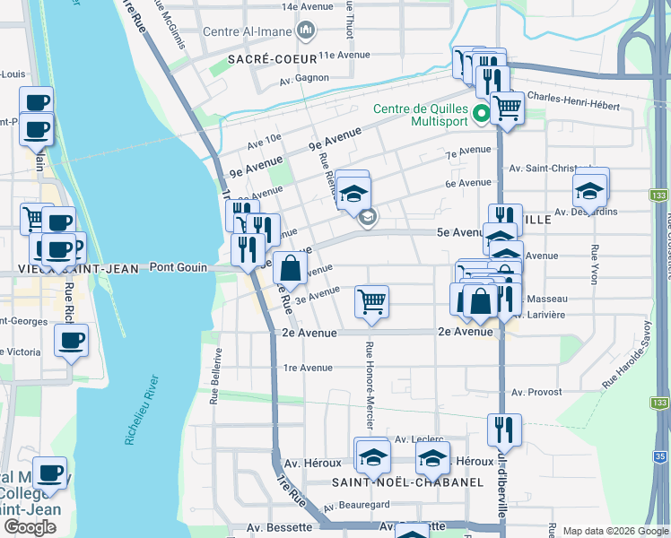 map of restaurants, bars, coffee shops, grocery stores, and more near 253 4e Avenue in Saint-Jean-sur-Richelieu
