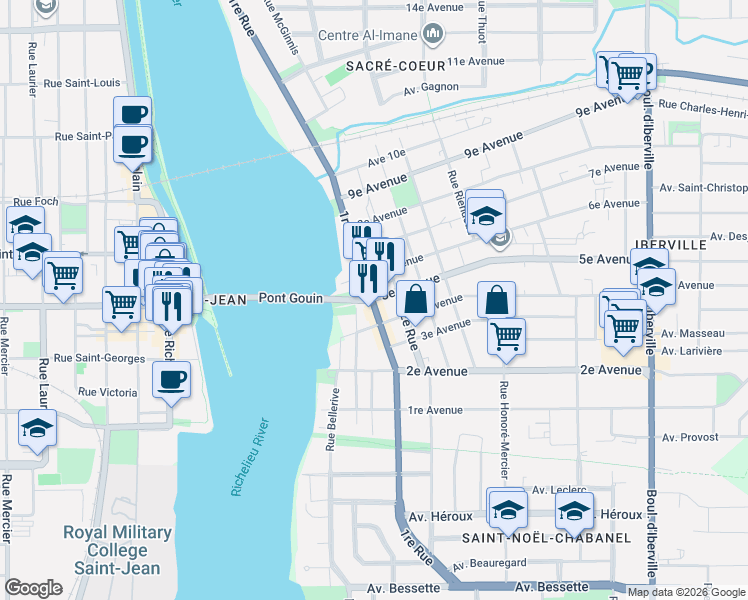 map of restaurants, bars, coffee shops, grocery stores, and more near 665 1re Rue in Saint-Jean-sur-Richelieu