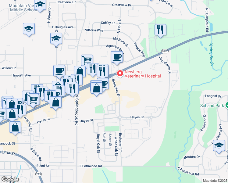 map of restaurants, bars, coffee shops, grocery stores, and more near in Newberg