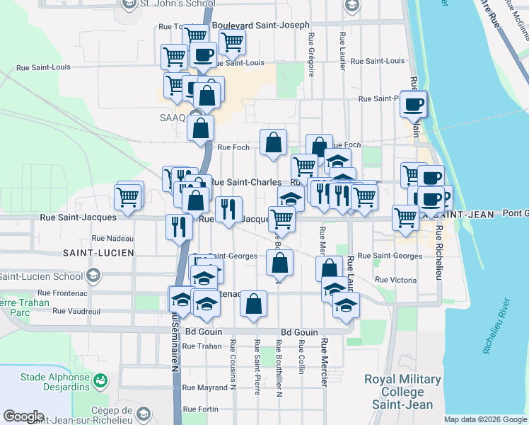 map of restaurants, bars, coffee shops, grocery stores, and more near 285 Rue Saint-Jacques in Saint-Jean-sur-Richelieu