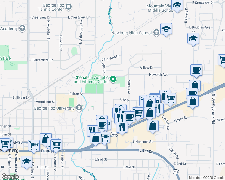 map of restaurants, bars, coffee shops, grocery stores, and more near 900 North Williams Street in Newberg