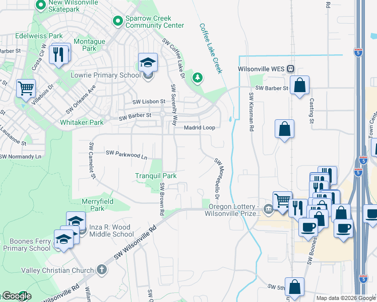 map of restaurants, bars, coffee shops, grocery stores, and more near 10410 Southwest Serene Place in Wilsonville